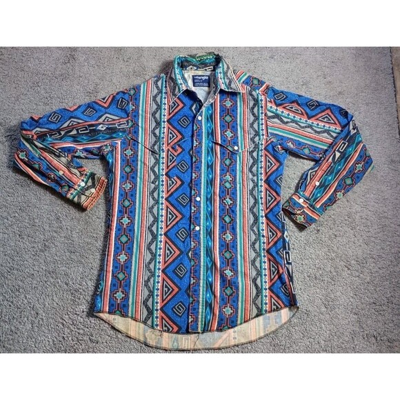 VTG Wrangler Brushpopper Shirt Men 15 1/2 34 Aztec X Long Tails W/ Defects - Picture 1 of 10